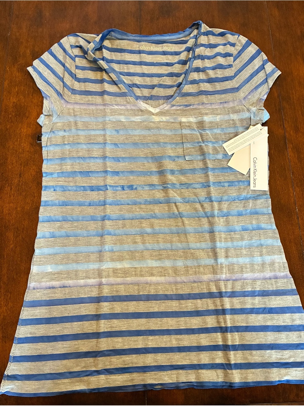 Calvin Klein Jeans Blue and Gray Striped V-Neck Pocket Tee